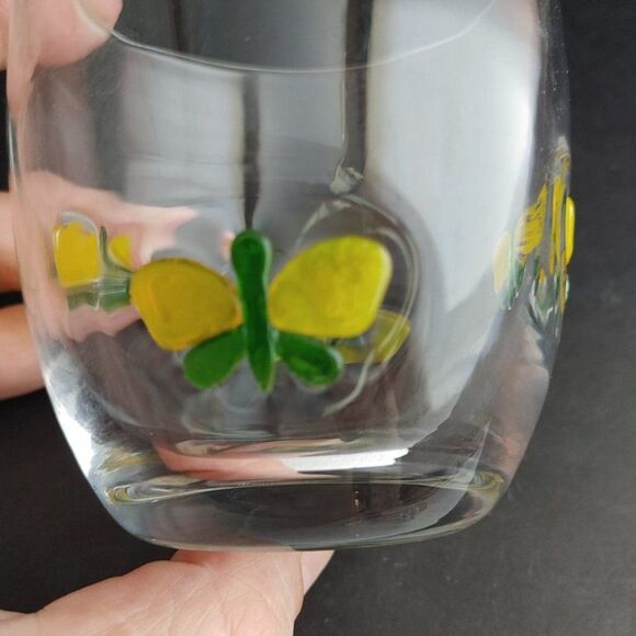 Pair Hand Blown Art Glass Tumbler Glasses Votives Fused Yellow Green Butterflies - Picture 2 of 6